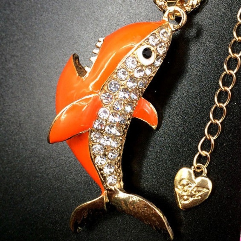 Orange‎ Shark Fish Enamel Crystal Long Pendant Necklace Gold Tone